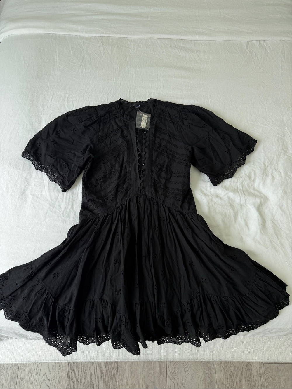 Madewell Eyelet Flutter Sleeve Mini Dress Cotton in Jet Black Size 00 NWT